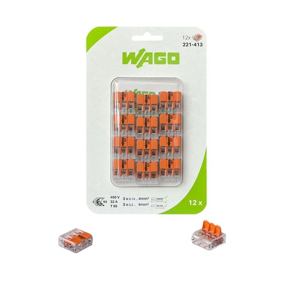 [221-413/0996-0012] WAGO 221-413/0996-0012 3 GİRİŞ 4 MM BUAT KLEMENSİ T KOLLU (BLİSTER-12Lİ)